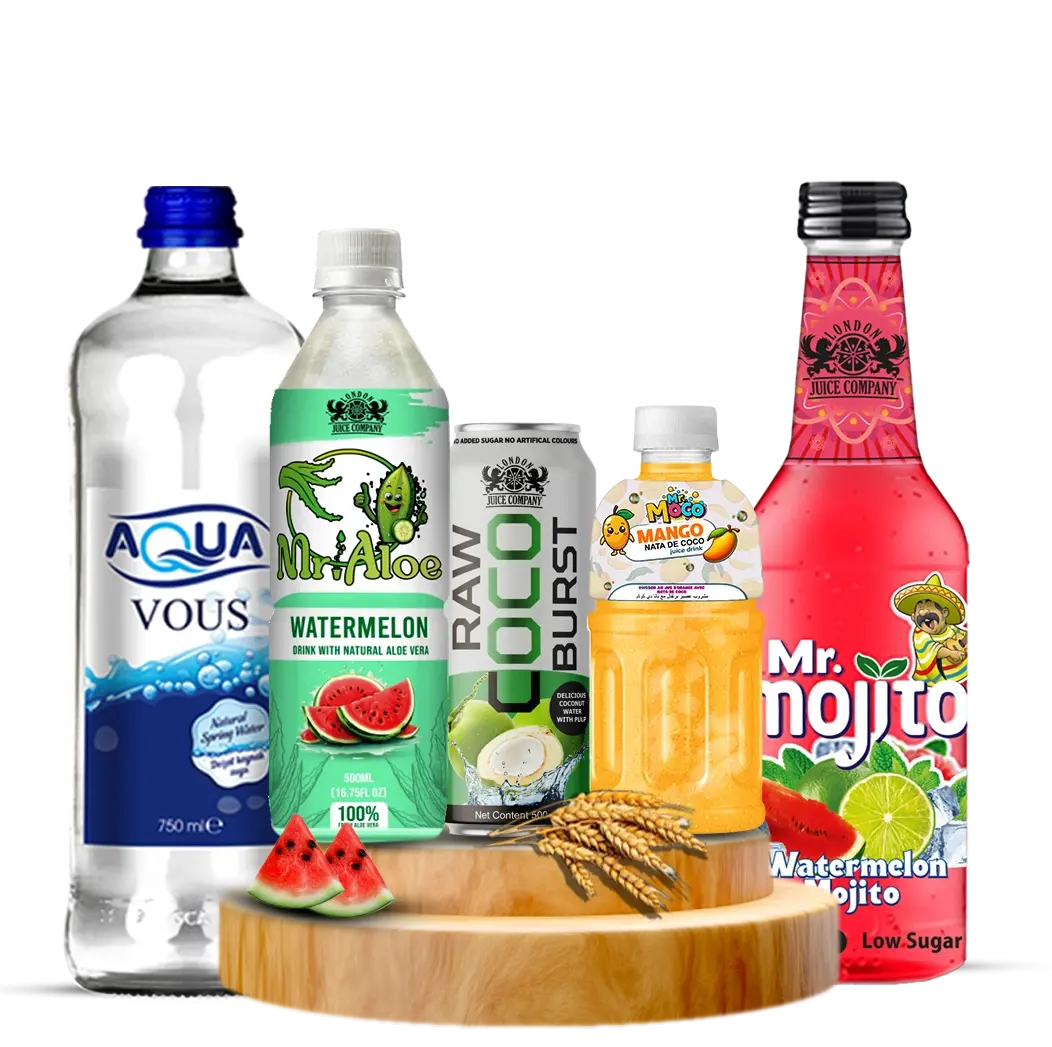 A variety of London Juice Company beverages, including water, aloe drink, malt, pomegranate juice, and watermelon mojito.