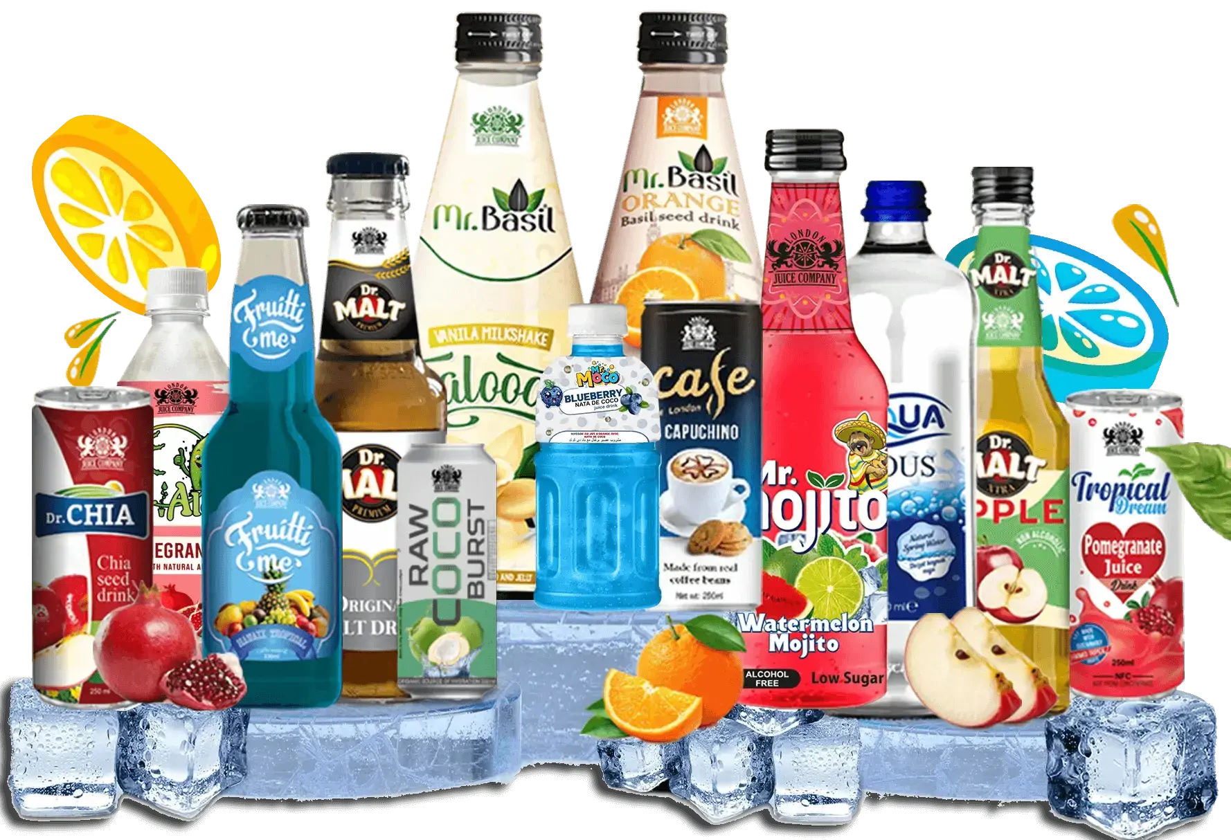 An assortment of beverages, including Mr. Mojito, Dr. Malt, Mr. Basil, Café, Fruit Me, and Aqua Vous