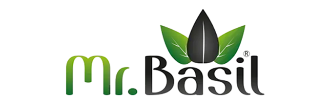 Logo for 'Mr. Basil' featuring the brand name in green with a black and green basil leaf above the text.