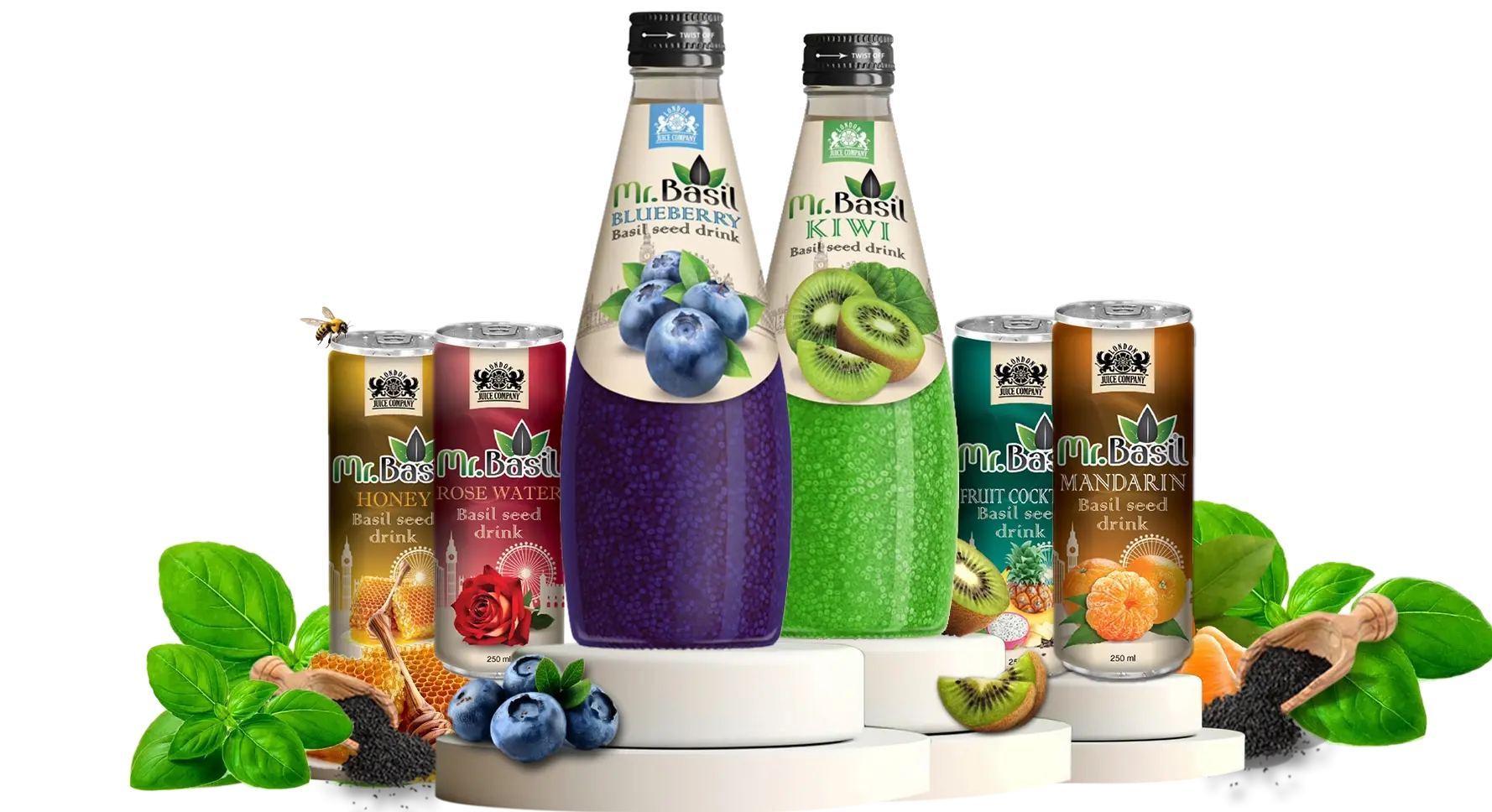 Colorful basil seed drinks from 'Mr. Basil' featuring honey, rose water, blueberry, kiwi, and mandarin flavors, presented on a modern graphic background.