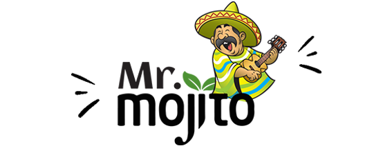 Colorful logo for 'Mr. Mojito' with a cheerful cartoon character of a mojito glass wearing a sombrero with guitar.