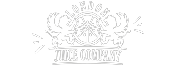 Gray-scale logo of 'London Juice Company' with two lions flanking a ship wheel, adorned with banners and stars.
