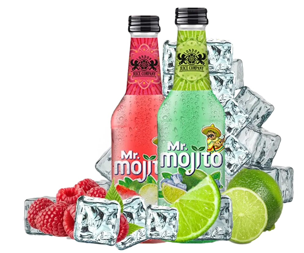 Two bottles of Mr. Mojito, raspberry and lime, surrounded by raspberries, limes, and ice cubes.